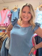 CHAMBRAY RUFFLE SLEEVE TOP
