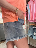 MEDIUM WASHED RAW FRAYED HEM DENIM SHORTS