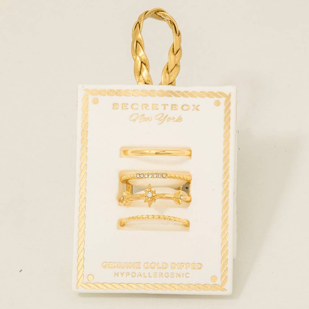 Gold Dipped Studded 3Pc Band Rings Set