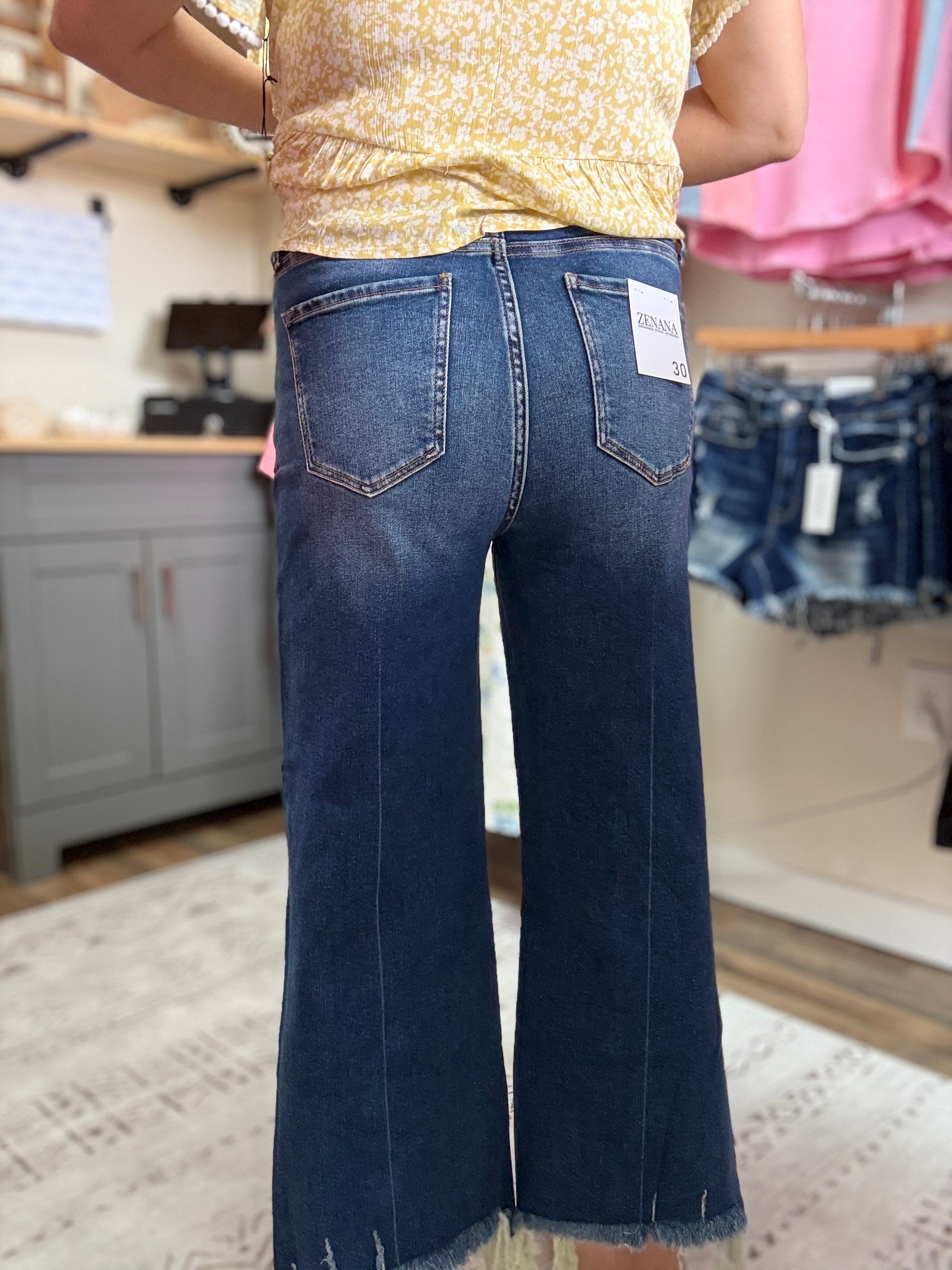 MID RISE STRAIGHT RAW HEM DENIM PANTS