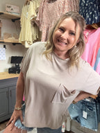 WASHED RIBBED CUFFED SHORT SLEEVE ROUND NECK TOP