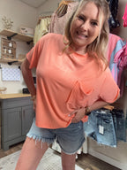 WASHED RIBBED CUFFED SHORT SLEEVE ROUND NECK TOP