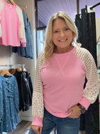 Crochet knit & floral contrast sleeve Pullover Top