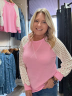 Crochet knit & floral contrast sleeve Pullover Top