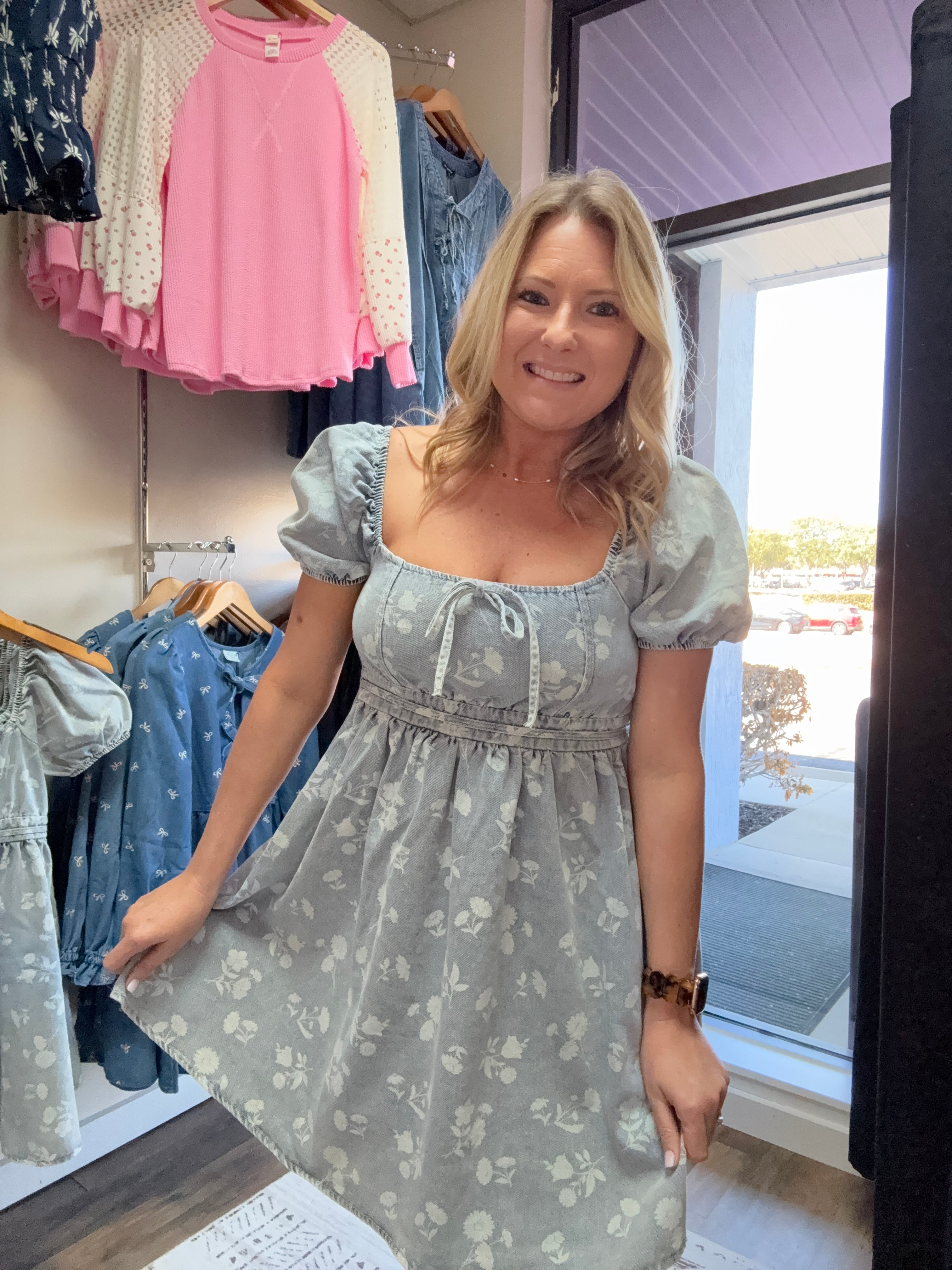 FLORAL WASHED DENIM SHORT PUFF SLEEVE MINI DRESS