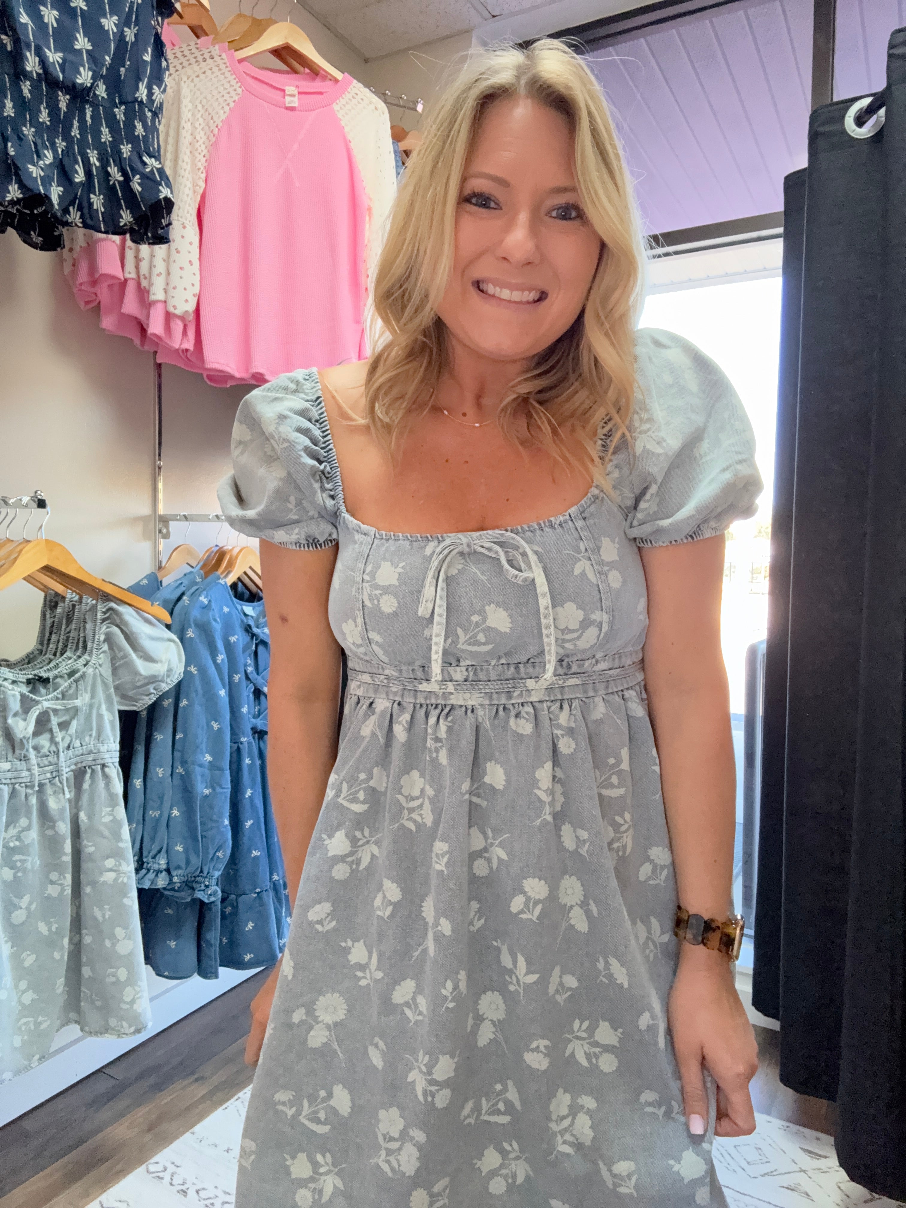 FLORAL WASHED DENIM SHORT PUFF SLEEVE MINI DRESS