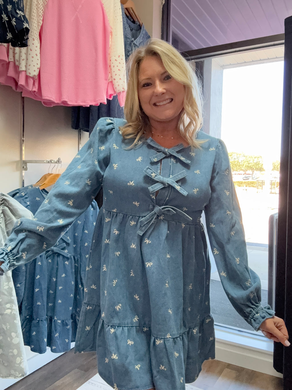 Soft Washed Denim Printed Casual Mini Dress