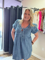 PLEATED FRONT TIE PUFF SLEEVE DENIM MINI DRESS