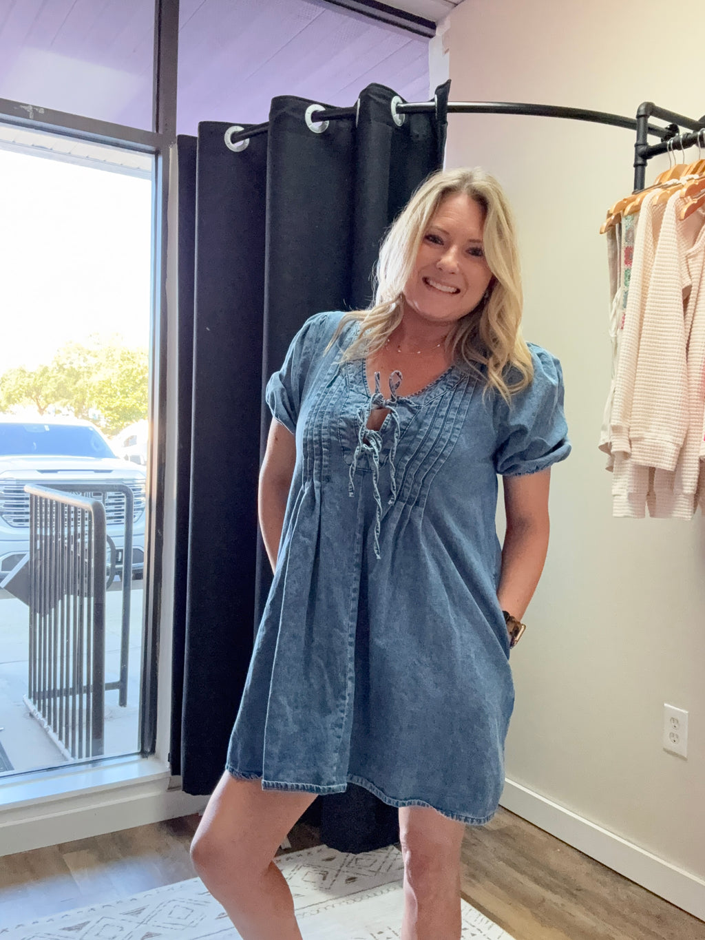 PLEATED FRONT TIE PUFF SLEEVE DENIM MINI DRESS