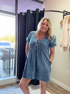 PLEATED FRONT TIE PUFF SLEEVE DENIM MINI DRESS