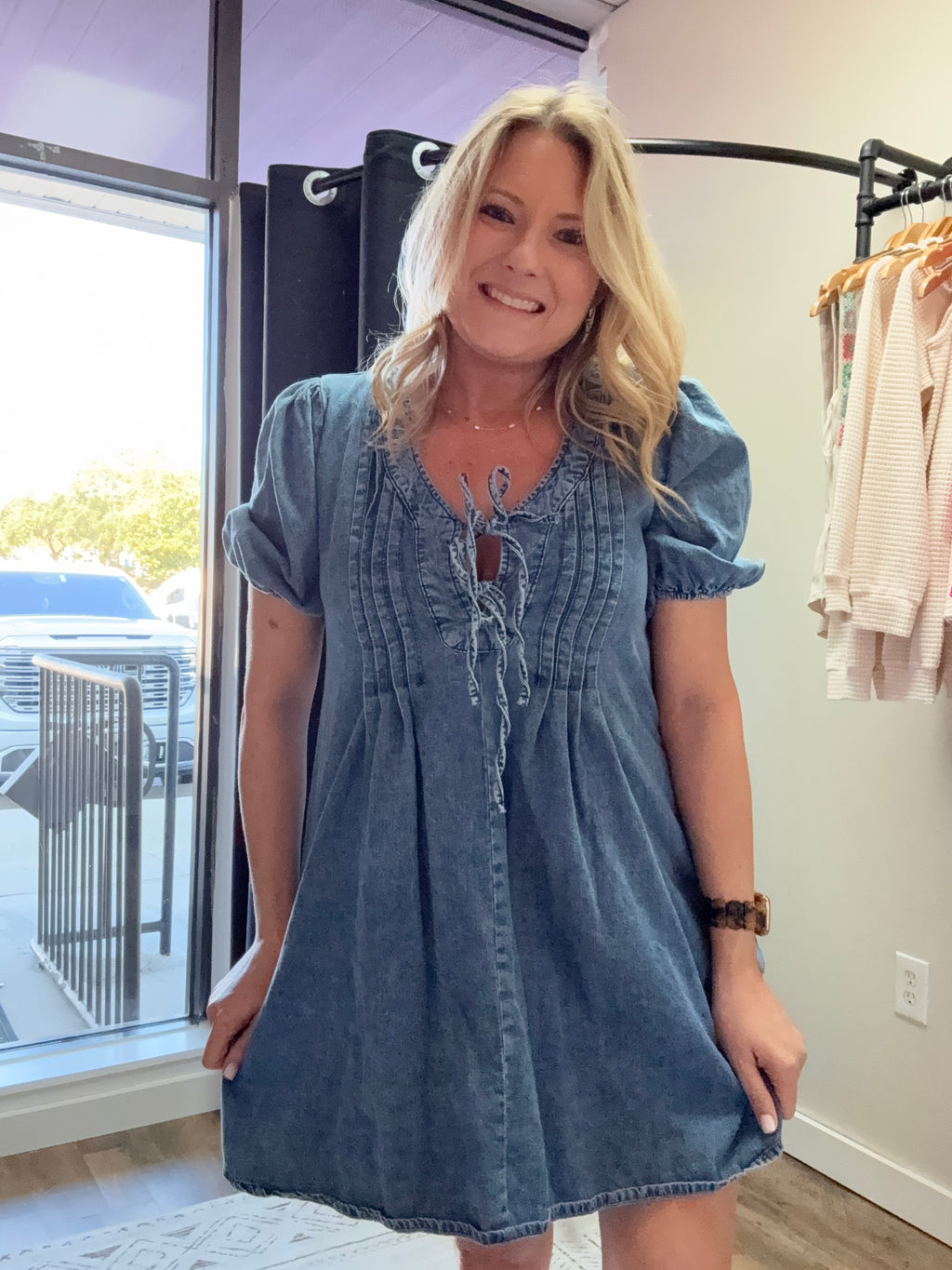 PLEATED FRONT TIE PUFF SLEEVE DENIM MINI DRESS