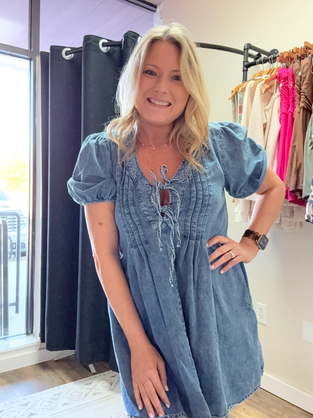 PLEATED FRONT TIE PUFF SLEEVE DENIM MINI DRESS