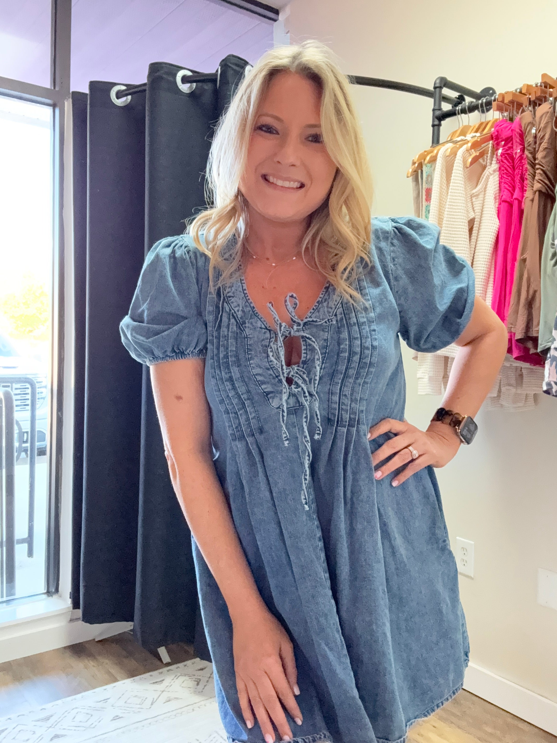 PLEATED FRONT TIE PUFF SLEEVE DENIM MINI DRESS