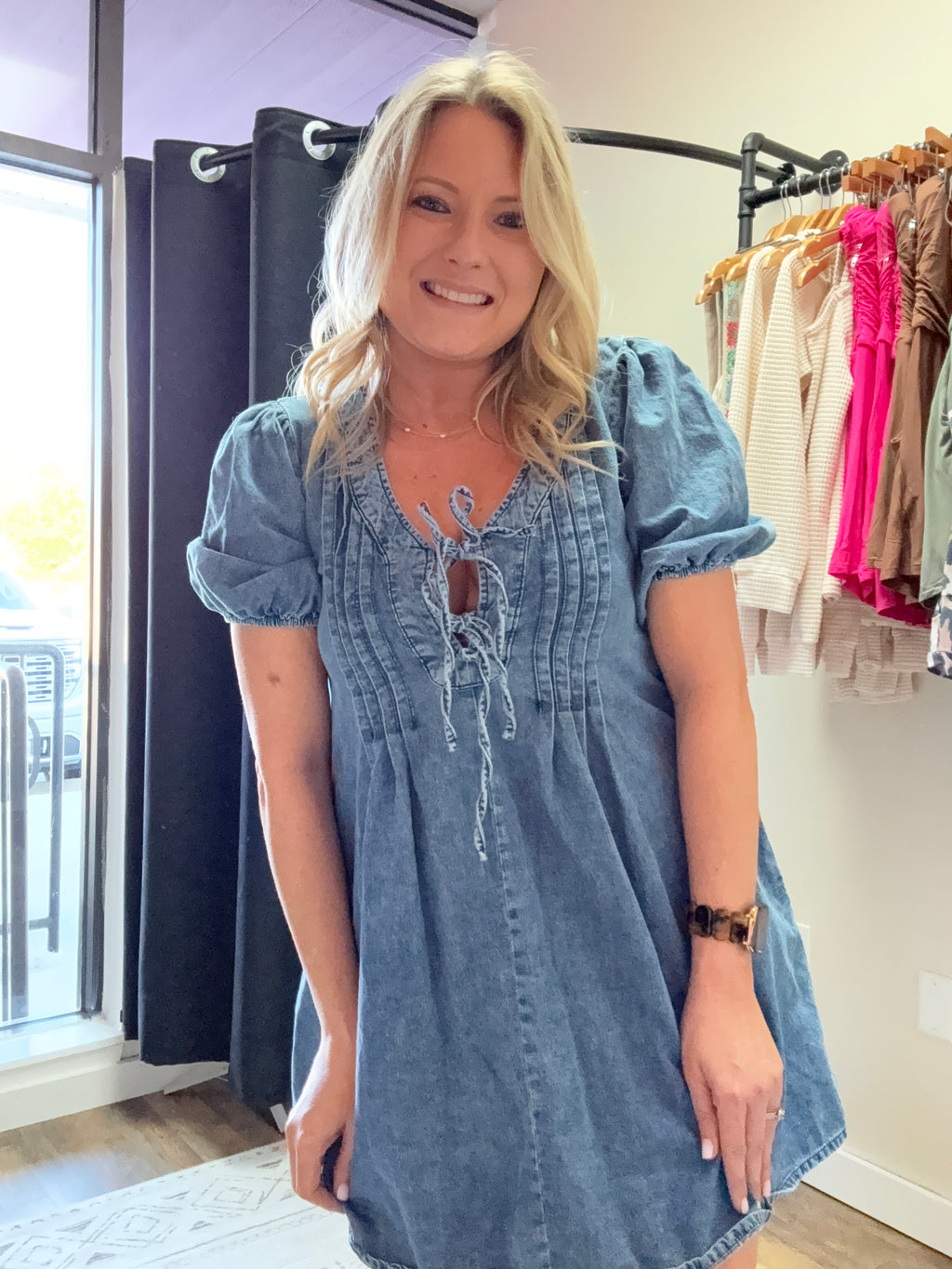 PLEATED FRONT TIE PUFF SLEEVE DENIM MINI DRESS