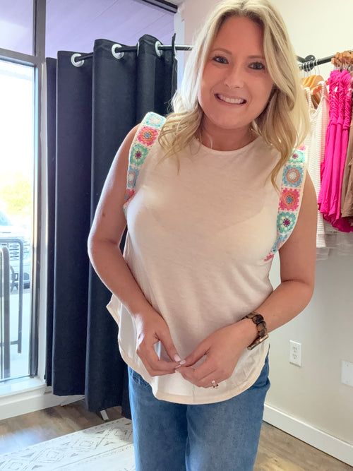 Boho Embroidered Strap Sleeveless Tank Top