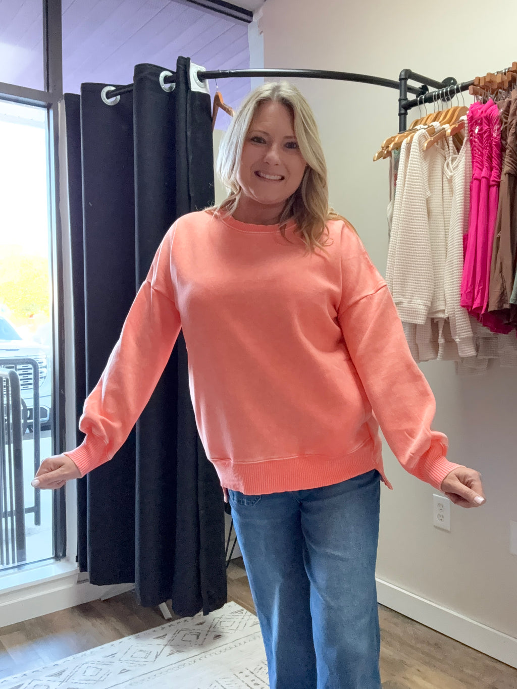 Acid Wash Fleece Hi Low Hem Pullover With Pockets