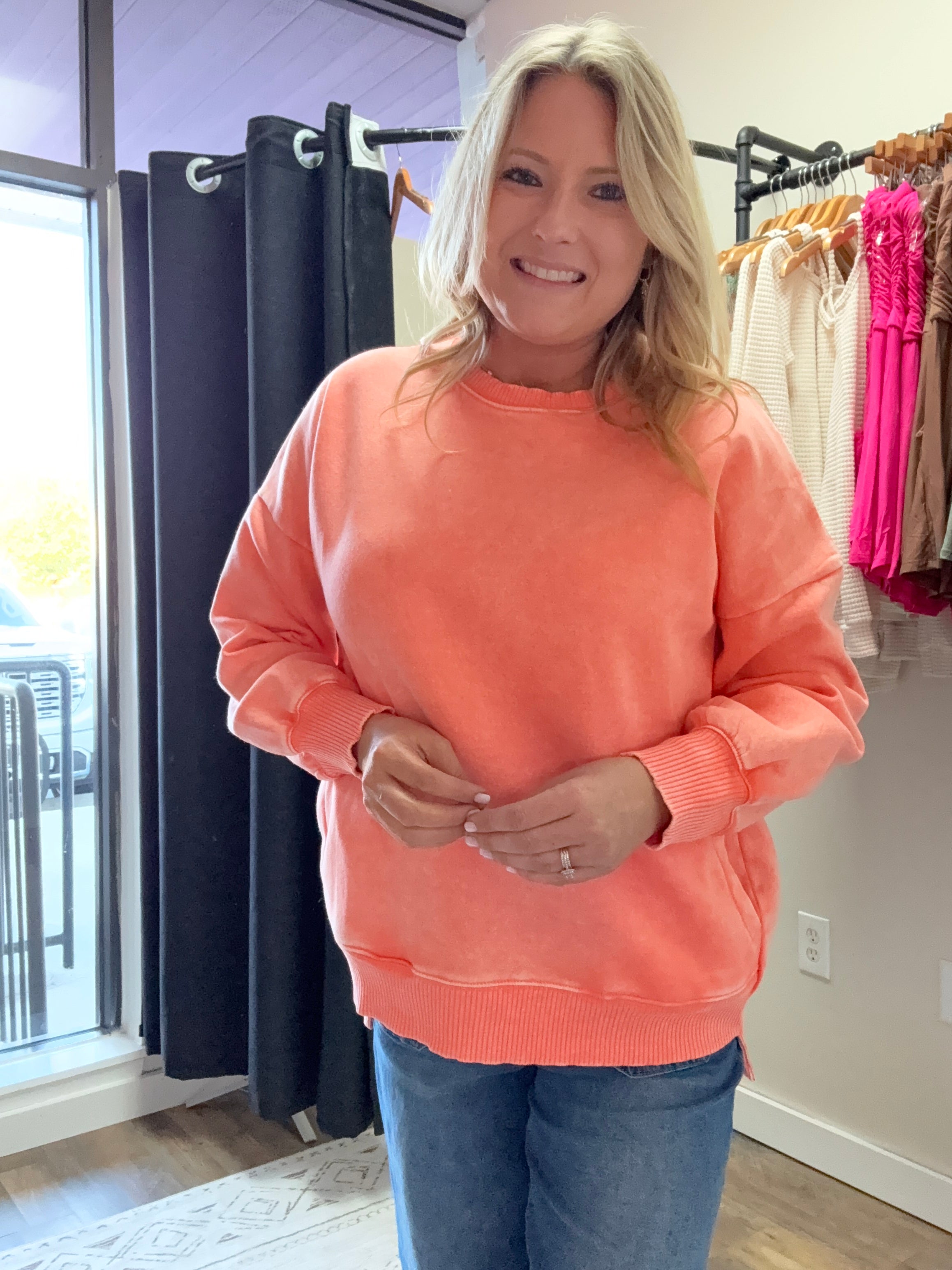 Acid Wash Fleece Hi Low Hem Pullover With Pockets