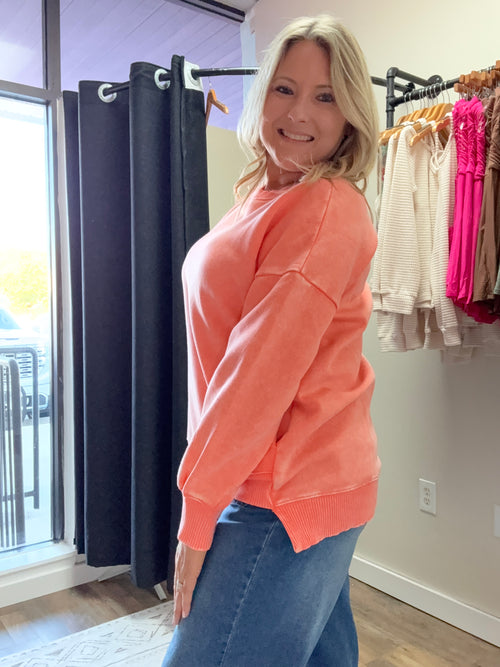 Acid Wash Fleece Hi Low Hem Pullover With Pockets