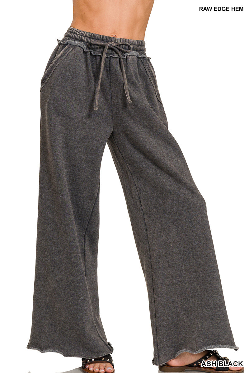 ACID WASH FLEECE PALAZZO SWEATPANTS WITH POCKETS