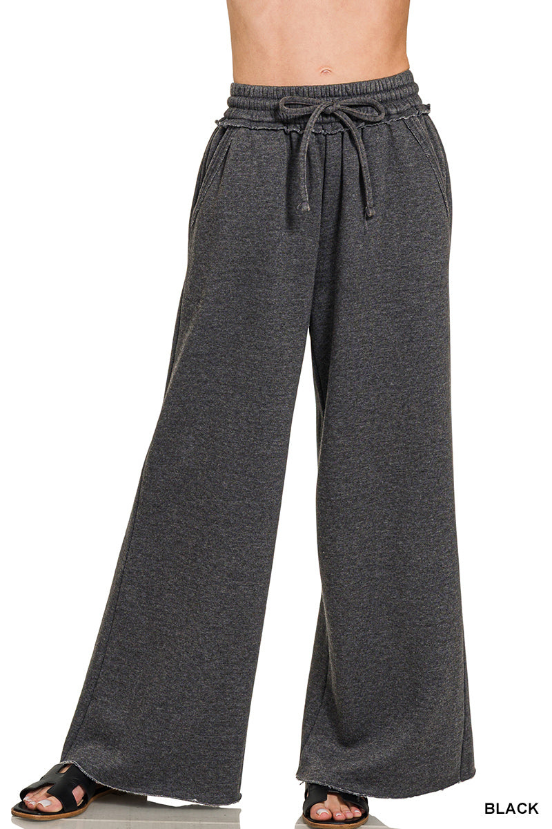 ACID WASH FLEECE PALAZZO SWEATPANTS WITH POCKETS