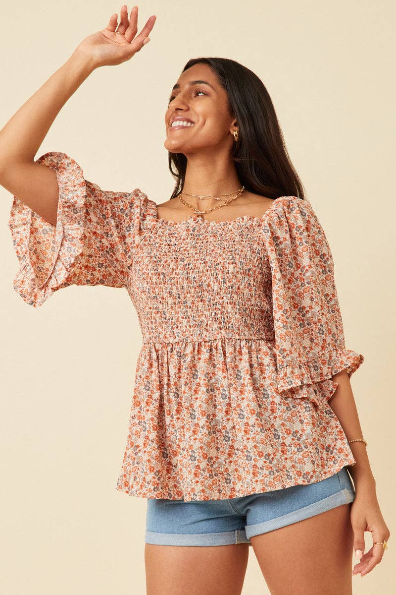 Floral Bell Sleeve Smocked Babydoll Top
