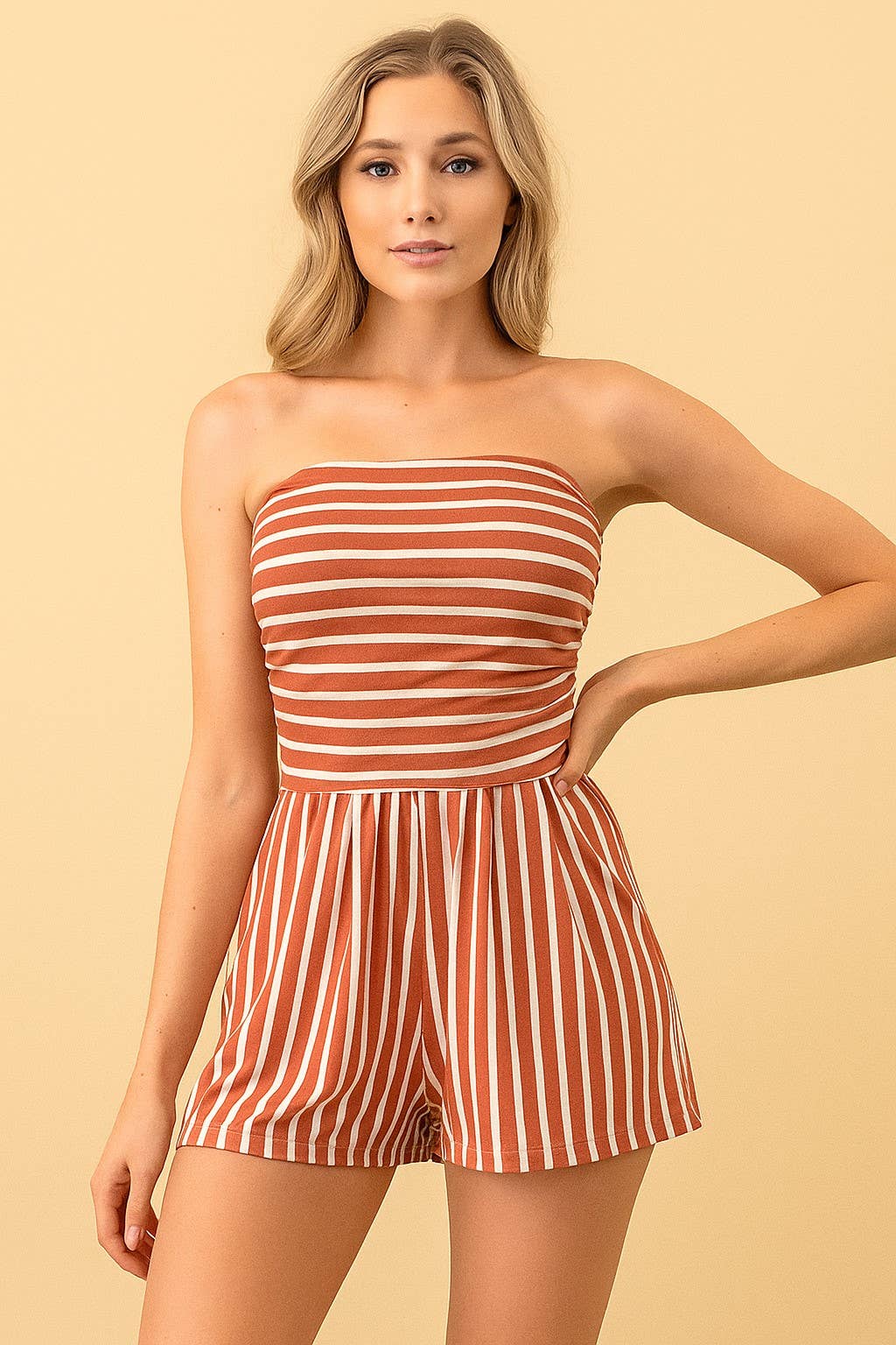RUST STRIPE TUBE ROMPER