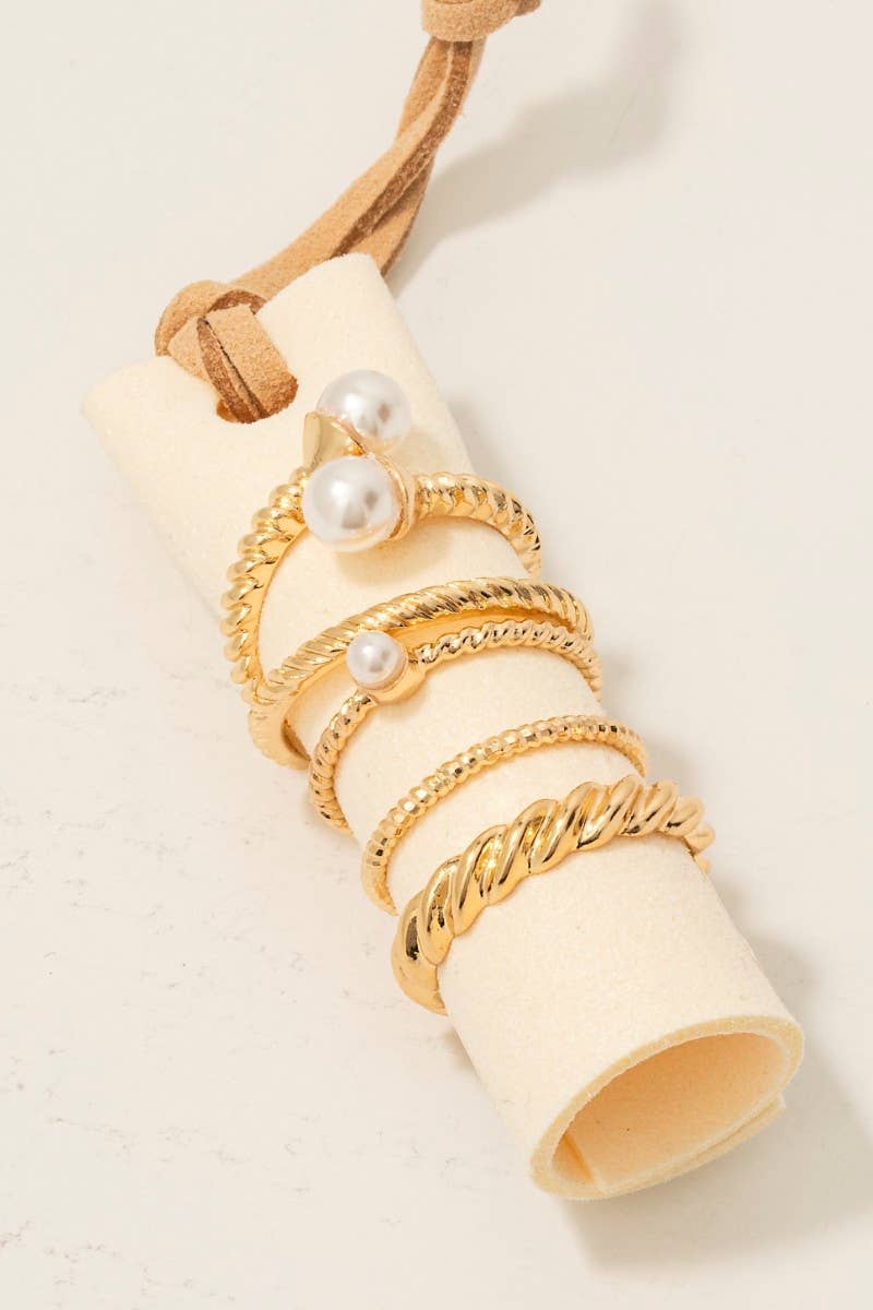 Mixed Size Pearl Studs Band Rings Set